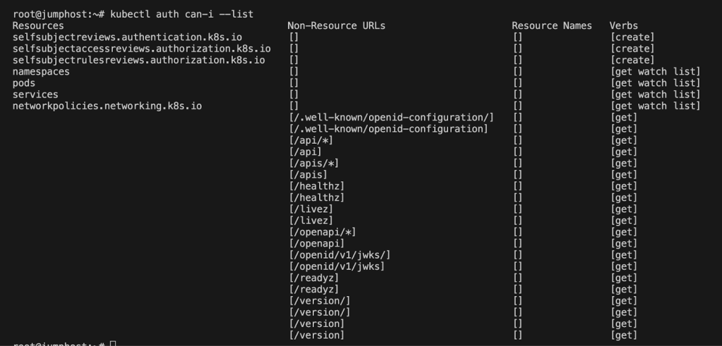 A screenshot of kubectl auth can-i -list