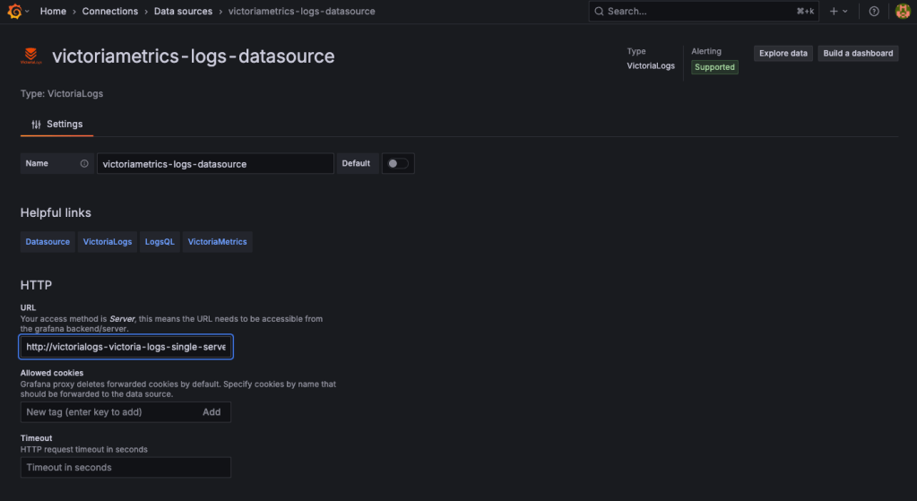 A screenshot about integrating Grafana and VictoriaLogs