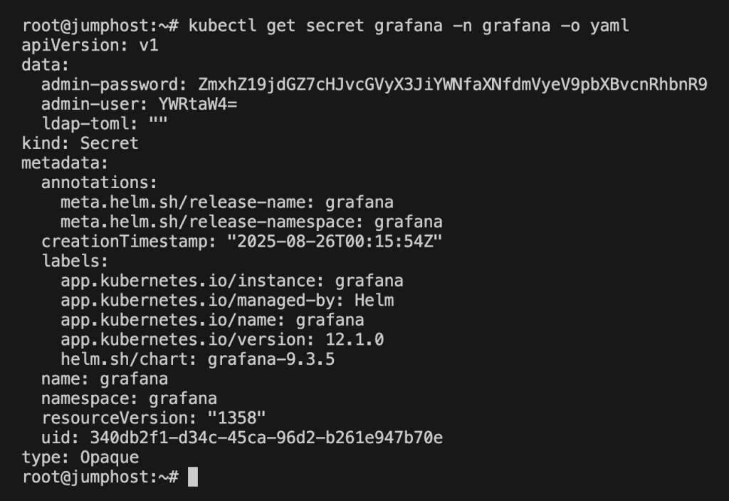 A screenshot of kubectl grafana secret