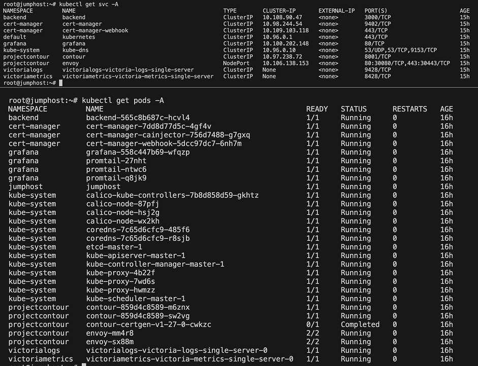 A screenshot of kubectl services and pods.